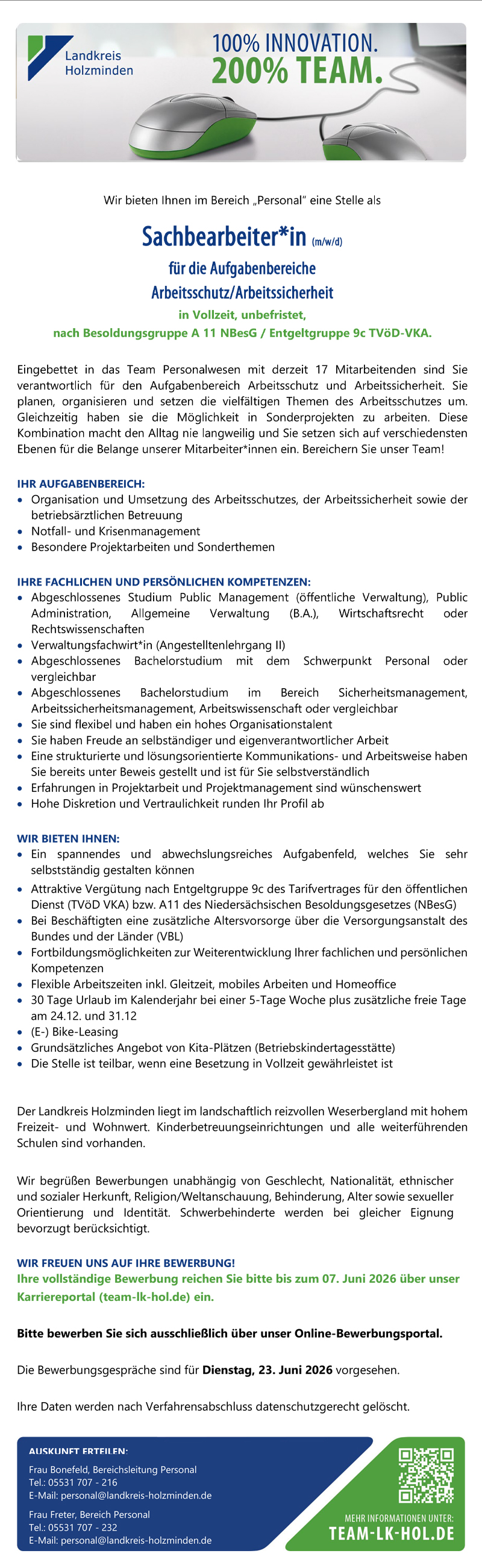 Sachbearbeiter/in für die Aufgabenbereiche Arbeitsschutz/Arbeitssicherheit (m/w/d) - Landkreis Holzminden