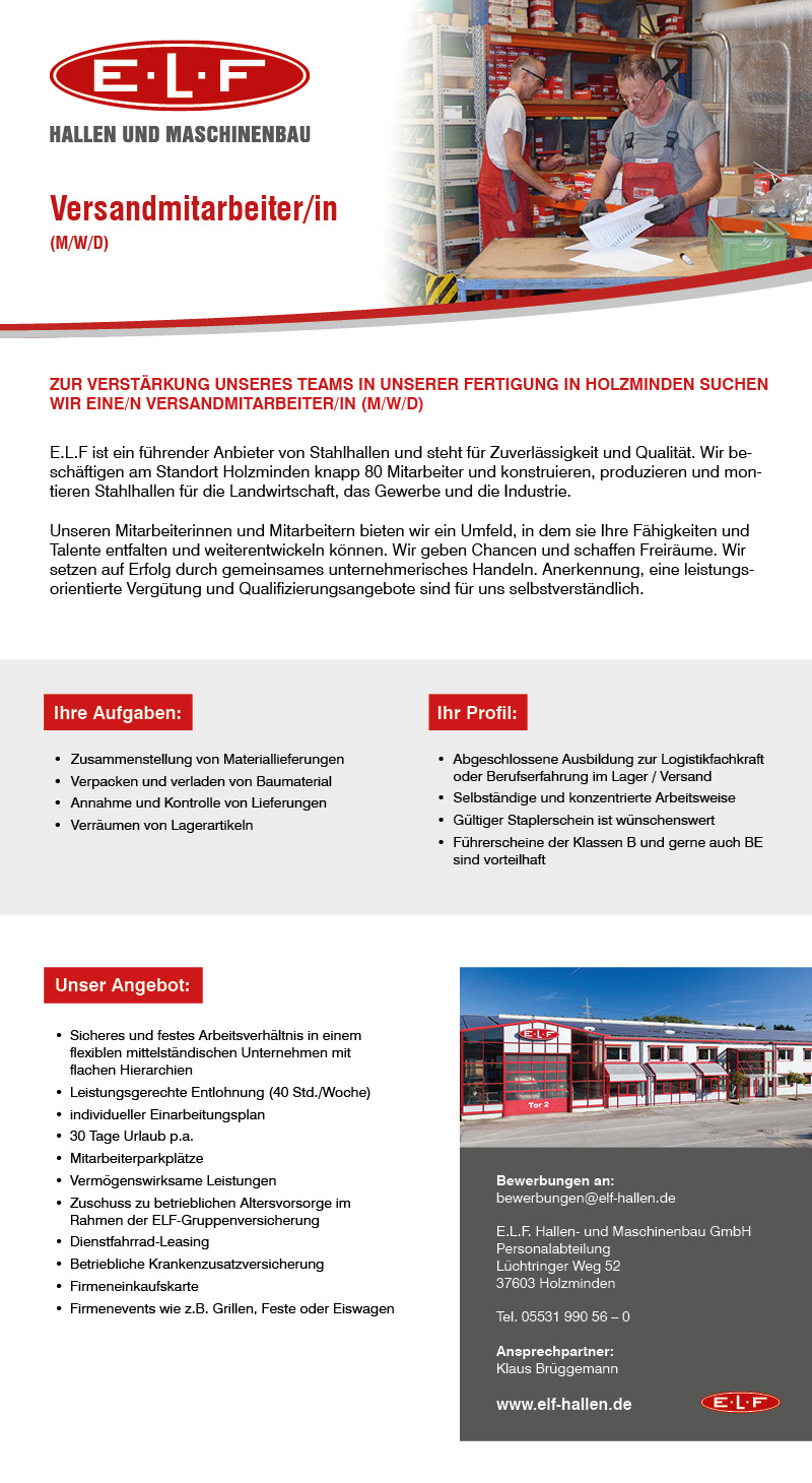 Versandmitarbeiter/in (m/w/d) - E.L.F. Hallen- und Maschinenbau GmbH