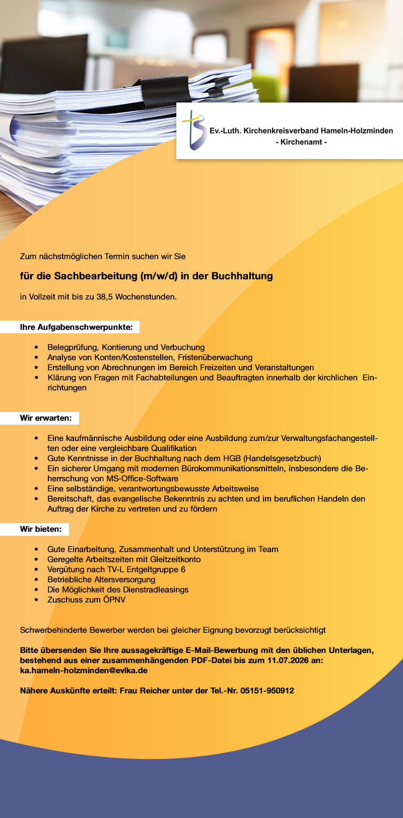 Sachbearbeitung (m/w/d) in der Buchhaltung  -  Ev.-Luth. Kirchenkreisverband Hameln-Holzminden - Kirchenamt