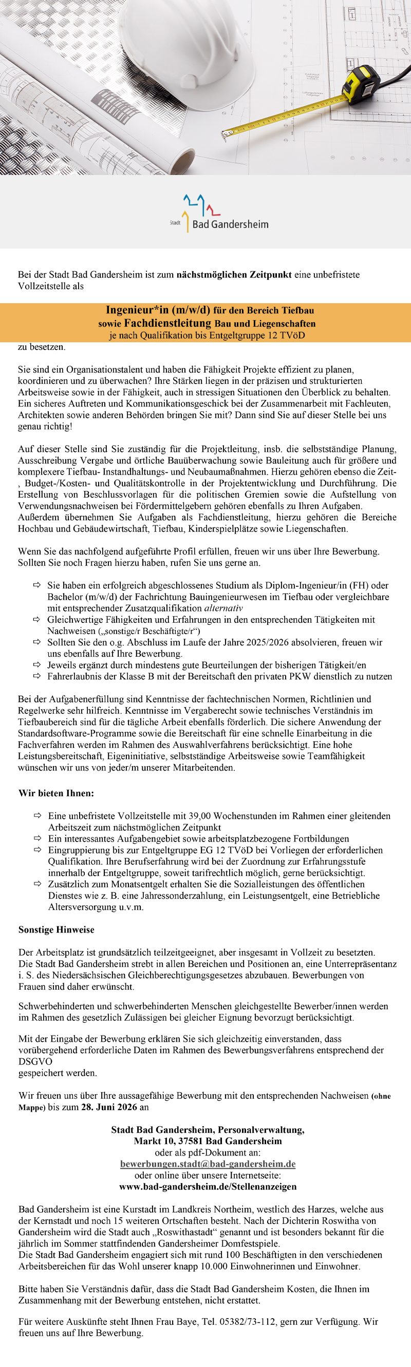 Ingenieur/in für den Bereich Tiefbau sowie Fachdienstleitung Bau und Liegenschaften  (m/w/d) - Stadt Bad Gandersheim
